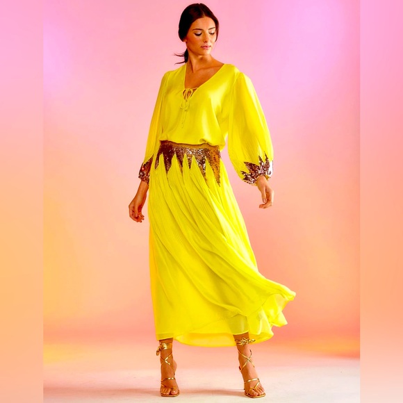 Yellow Cynthia Rowley Silk Peasant SKIRT ONLY w/ Copper Colored Sequins, NWT Sz0 - Picture 1 of 11